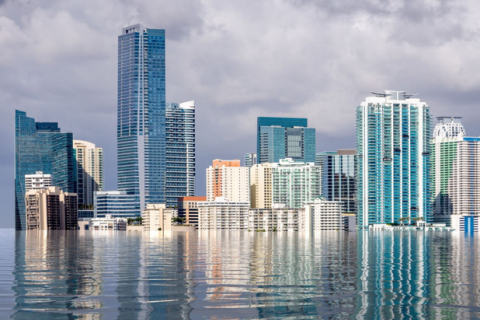 A city that appears to be underwater, representative of the impacts of flooding and sea level rise.