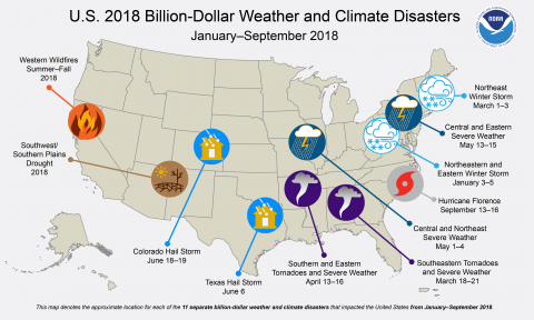 Map showing billion-dollar weather and climate disasters in the U.S. in 2018