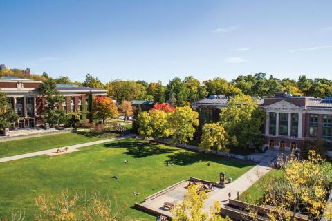 Image of SUNY ESF campus - open grassy area surrounded by buildings.