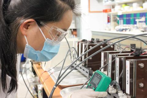 Researcher at NUS Environmental Institute, using a microbial electrochemical sensor to detect toxic pollutants in wastewater