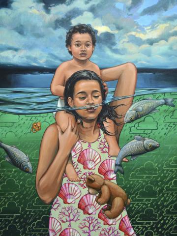 Painting of a woman holding her child above rising sea levels