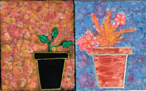 Elementary school painting of two flower pots
