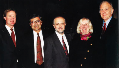 From left to right: Senator Lincoln D. Chafee, Dr. A. Karim Ahmed, Dr. Mario J. Molina, Mrs. John H. Chafee, and Dr. F. Sherwood Rowland at the inaugural John H. Chafee Memorial Lecture in 2000.