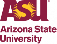 Arizona state university logo, has ASU and a sunburst behind it